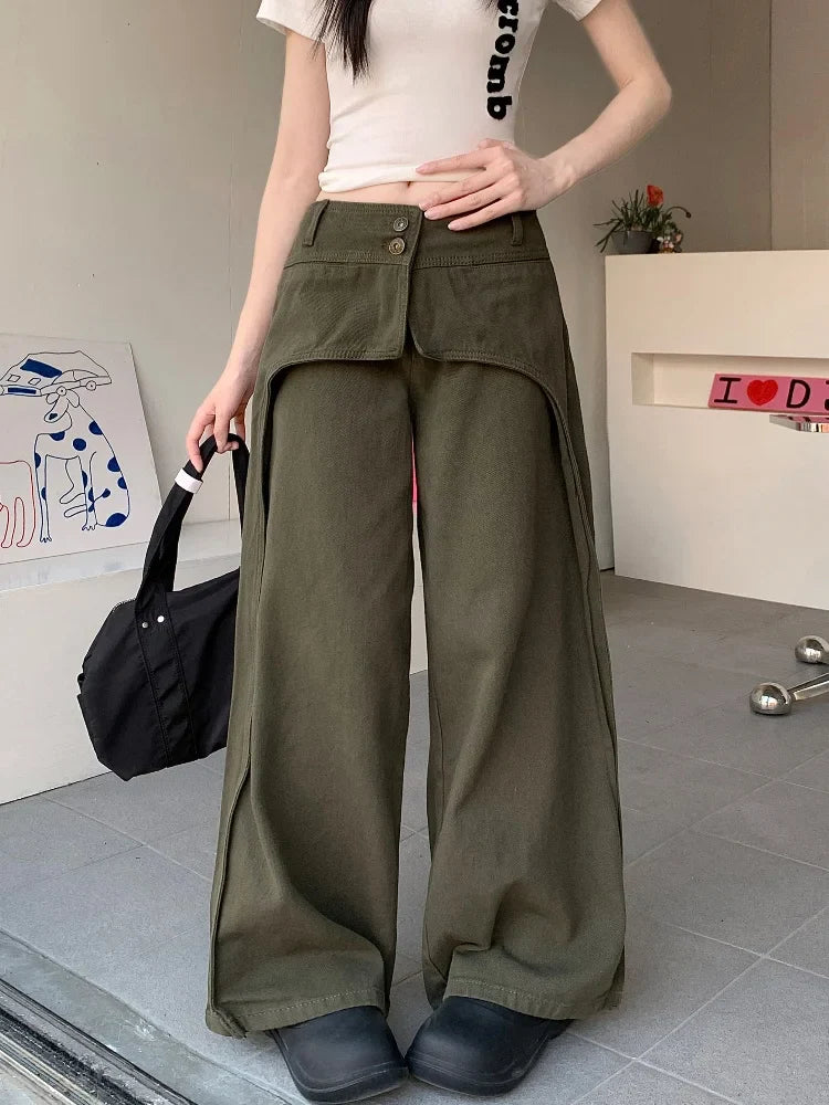 Vintage Army Green Patchwork Baggy Jeans