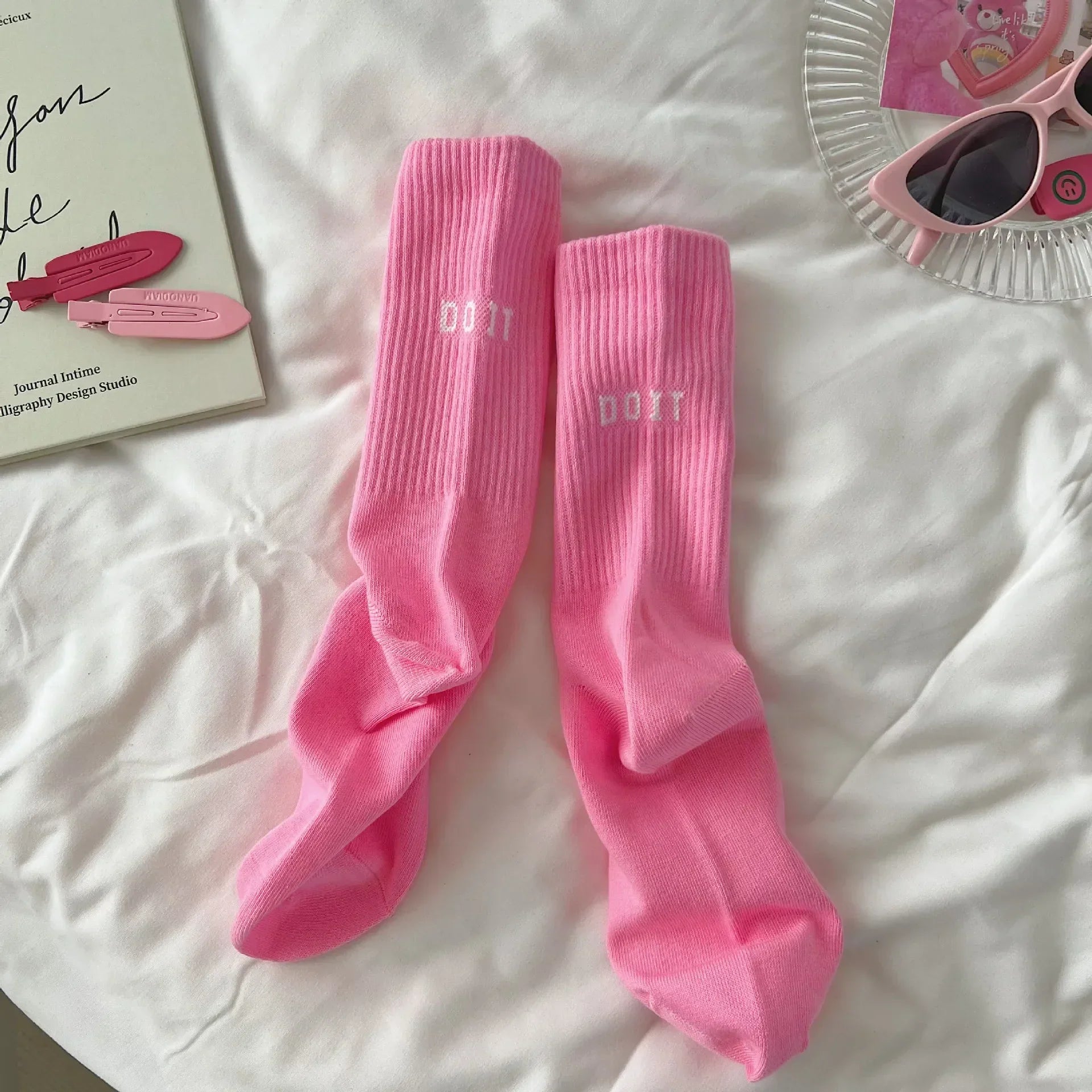 Pink High Waist Letter Sports Socks