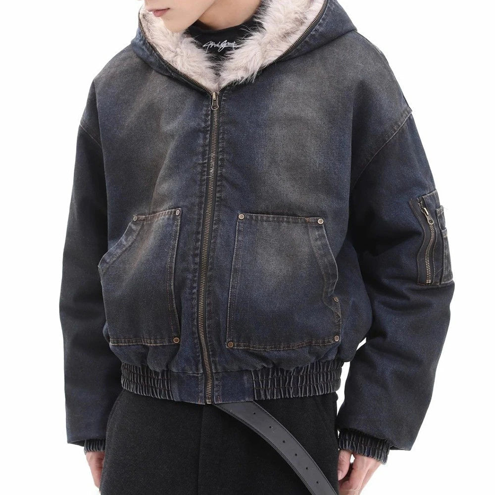 Winter Thickened Furry Hooded Denim Jacket