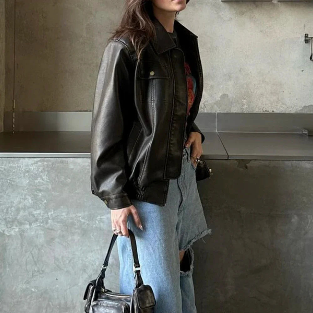 Women Chic Fashionable Zipper Leather Jacket