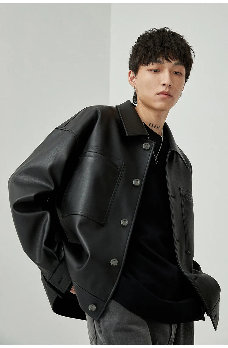 Brown And Black Oversized Faux Leather Jacket