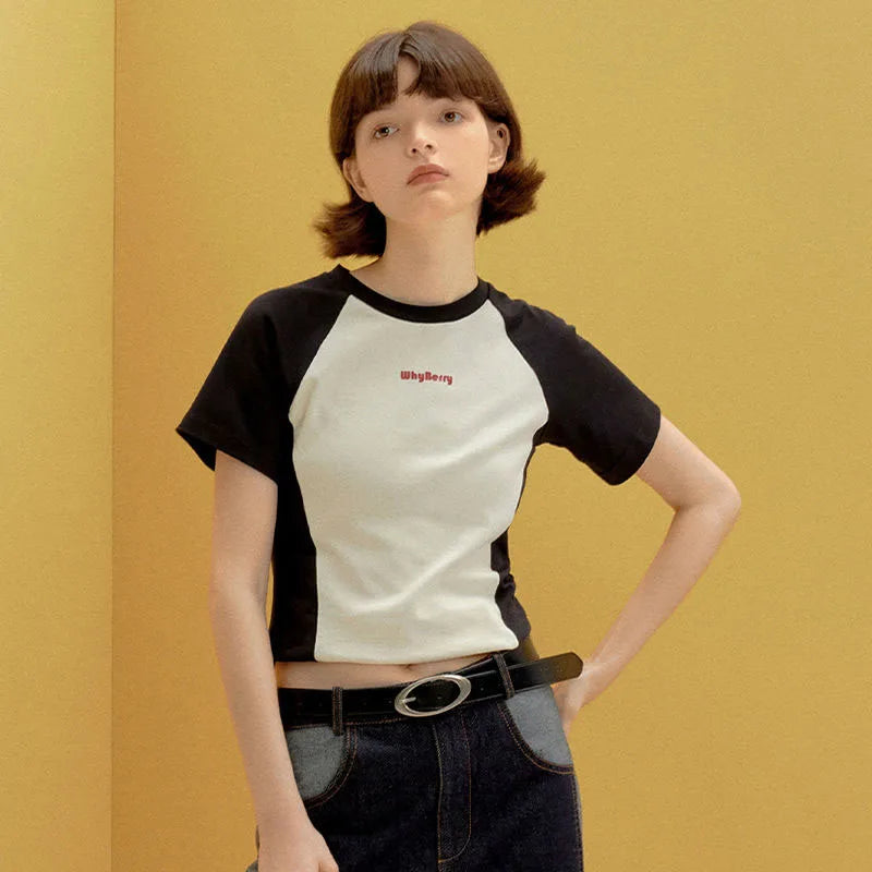 Streetwear Retro Vintage Korean Style Slim Patchwork T-Shirt