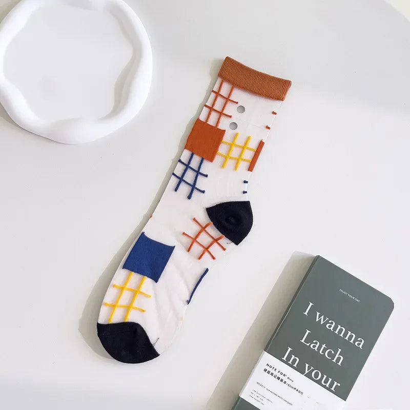Colorful Plaid Crystal Silk Summer Socks