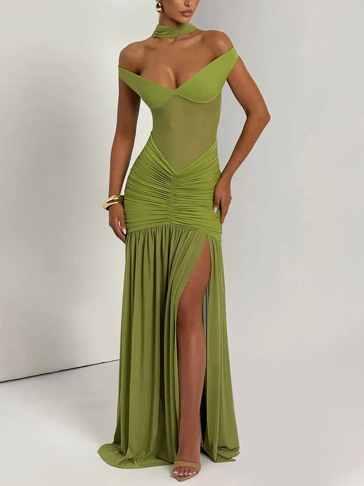 Elegant Mesh Ruched Maxi Dress