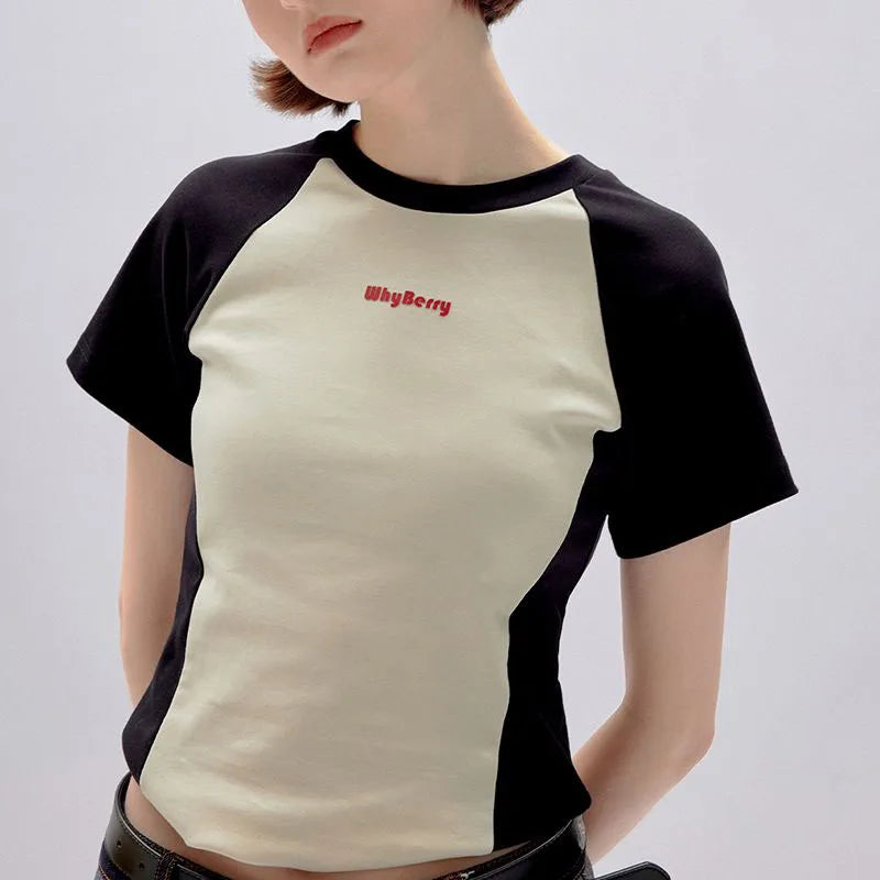 Streetwear Retro Vintage Korean Style Slim Patchwork T-Shirt