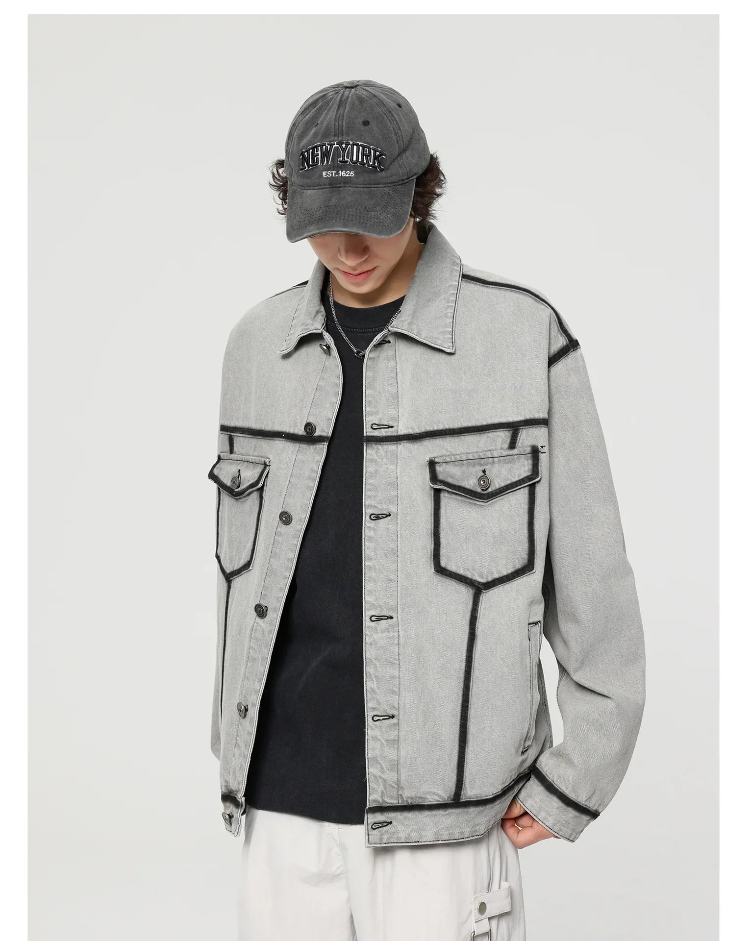 Gray Korean Style Vintage Motorcycle Denim Jacket
