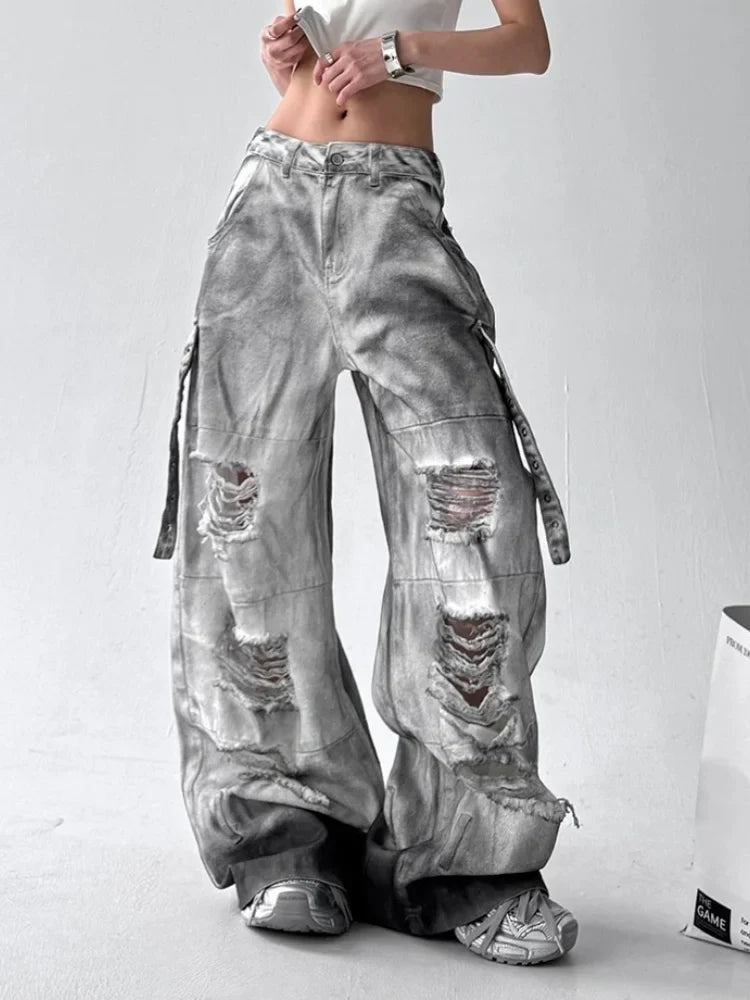 Cyber Grunge Washed White Baggy Jeans
