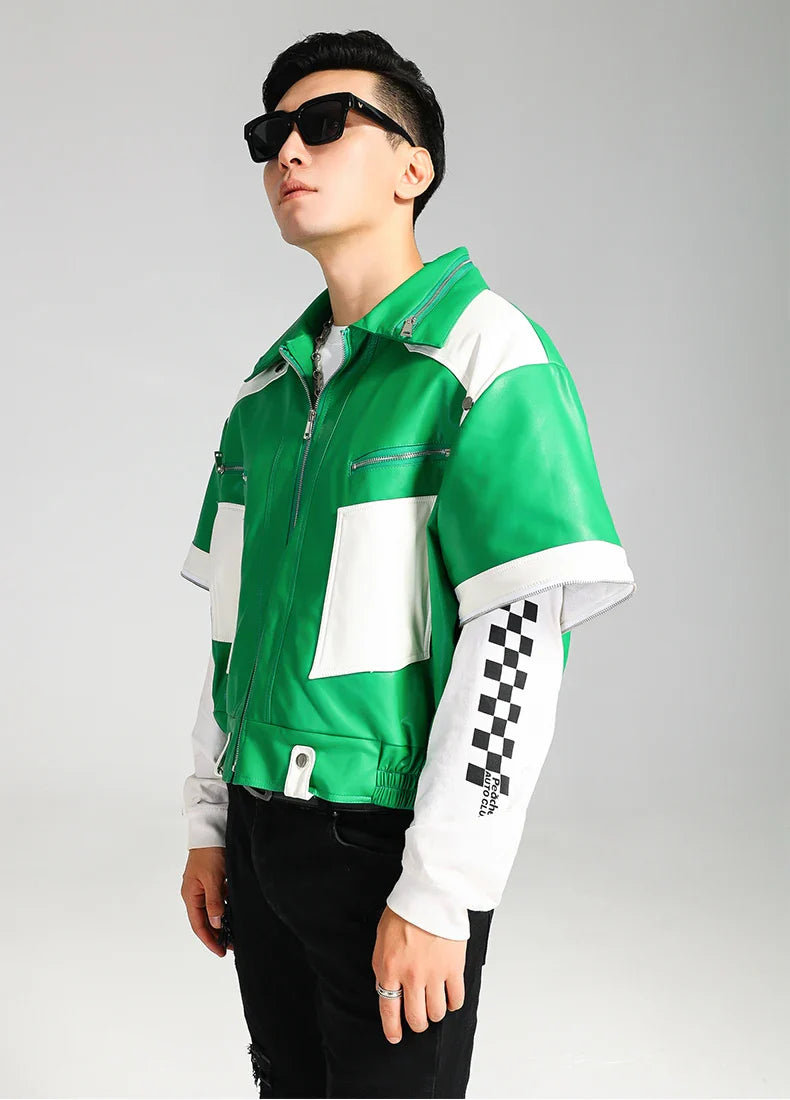 Cool Green Block Pu Leather Jacket