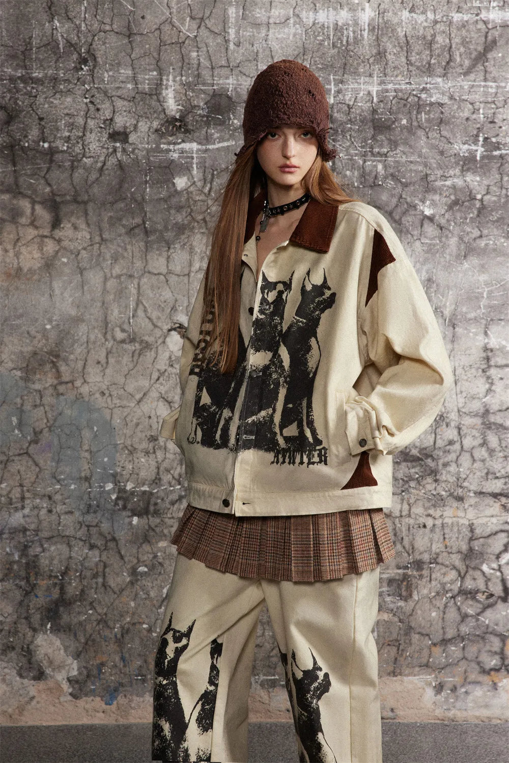 Cozy Distressed Dog Head Graffiti Lapel Jacket