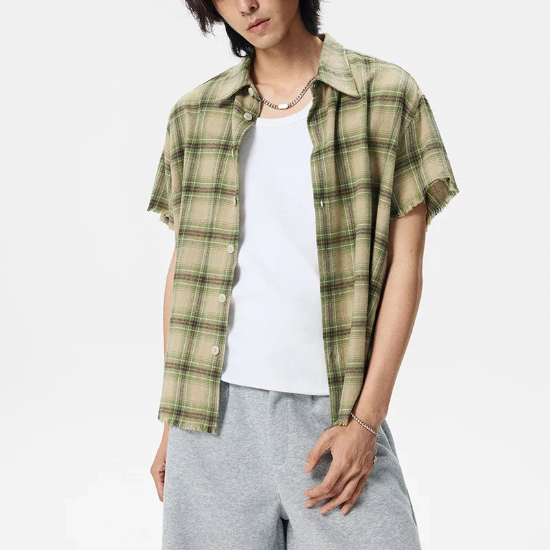 Green Plaid Vintage Lapel Short Sleeve Shirt