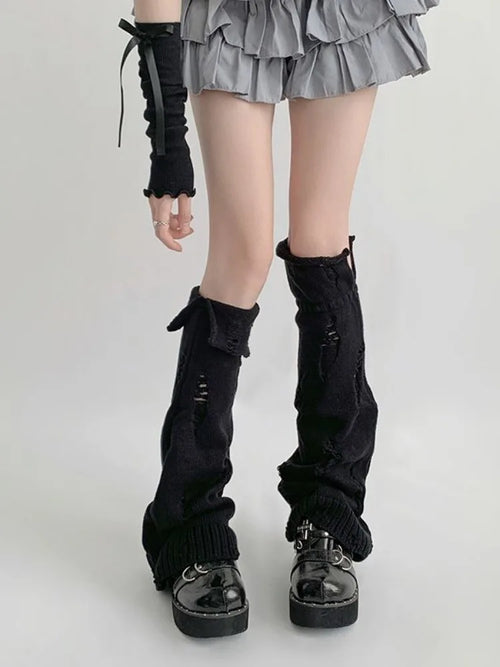 Polainas de tricô estilo Y2K grunge com efeito desgastado - Cinza / Tamanho Único