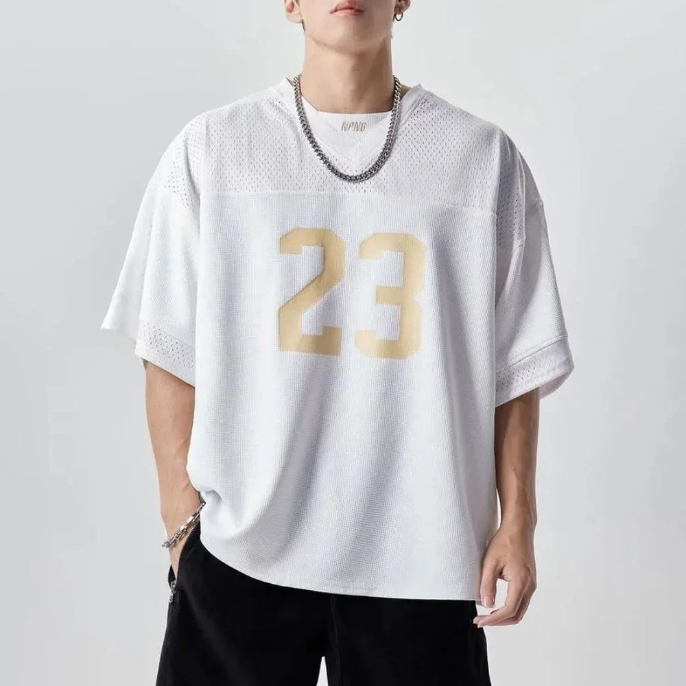 Sporty American Style Print Jersey Mesh T-Shirt