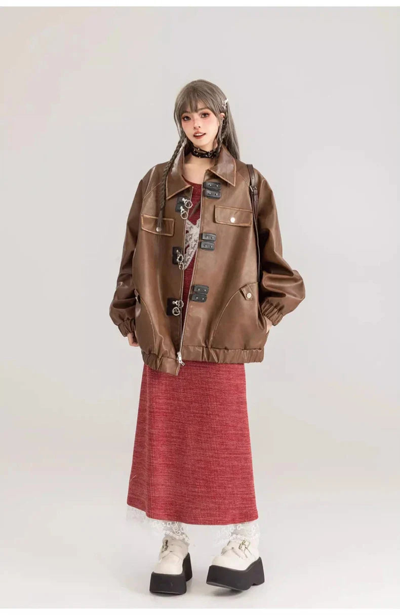 Classic Distressed Brown Faux Leather Jacket