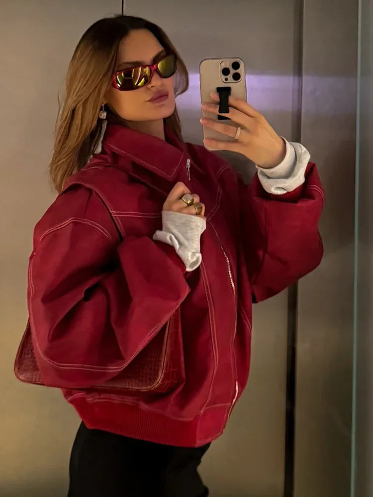 Women Chic Retro Red PU Leather Jacket