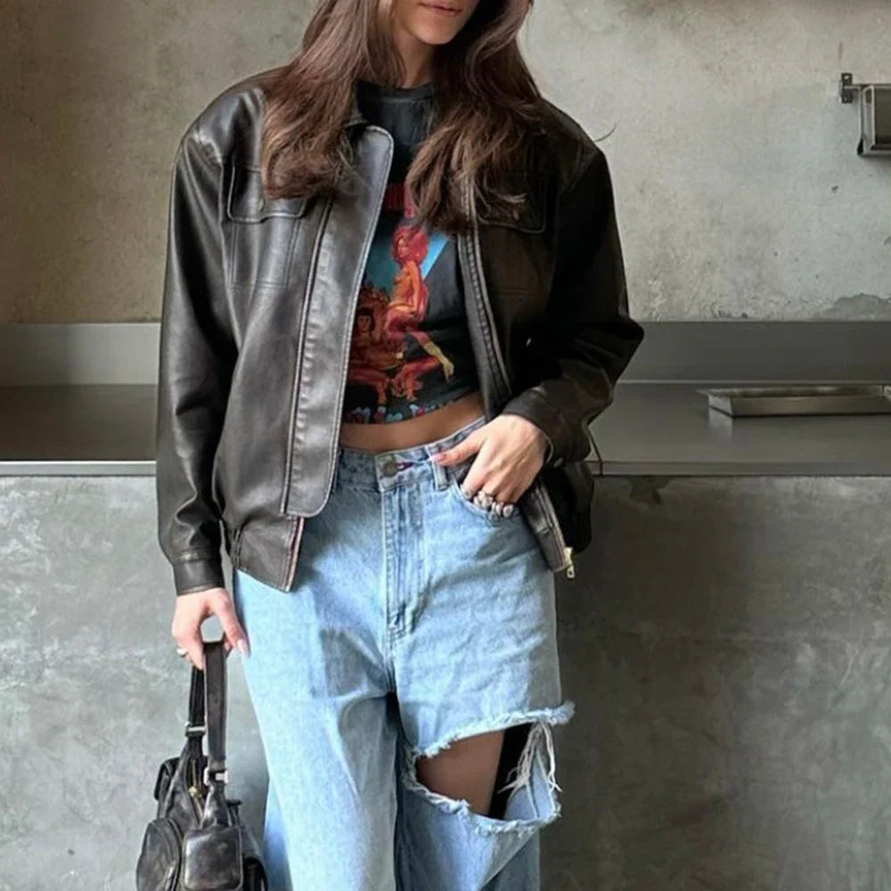 Women Chic Fashionable Zipper Leather Jacket