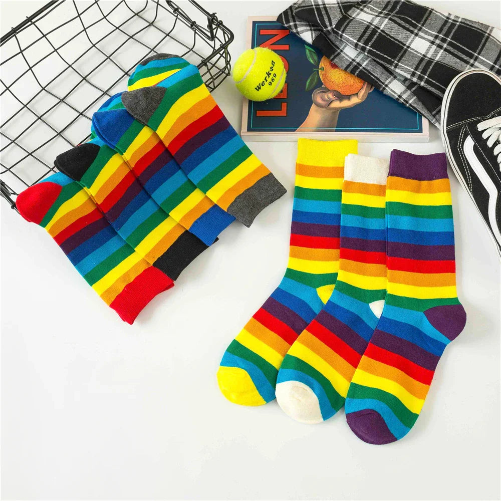 Colorful Striped Calf Socks Cotton Elasticity