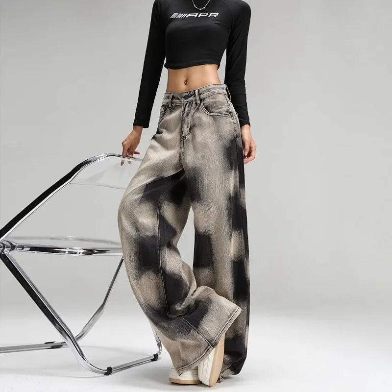 Women Vintage Grey Tie Dye Baggy Jeans