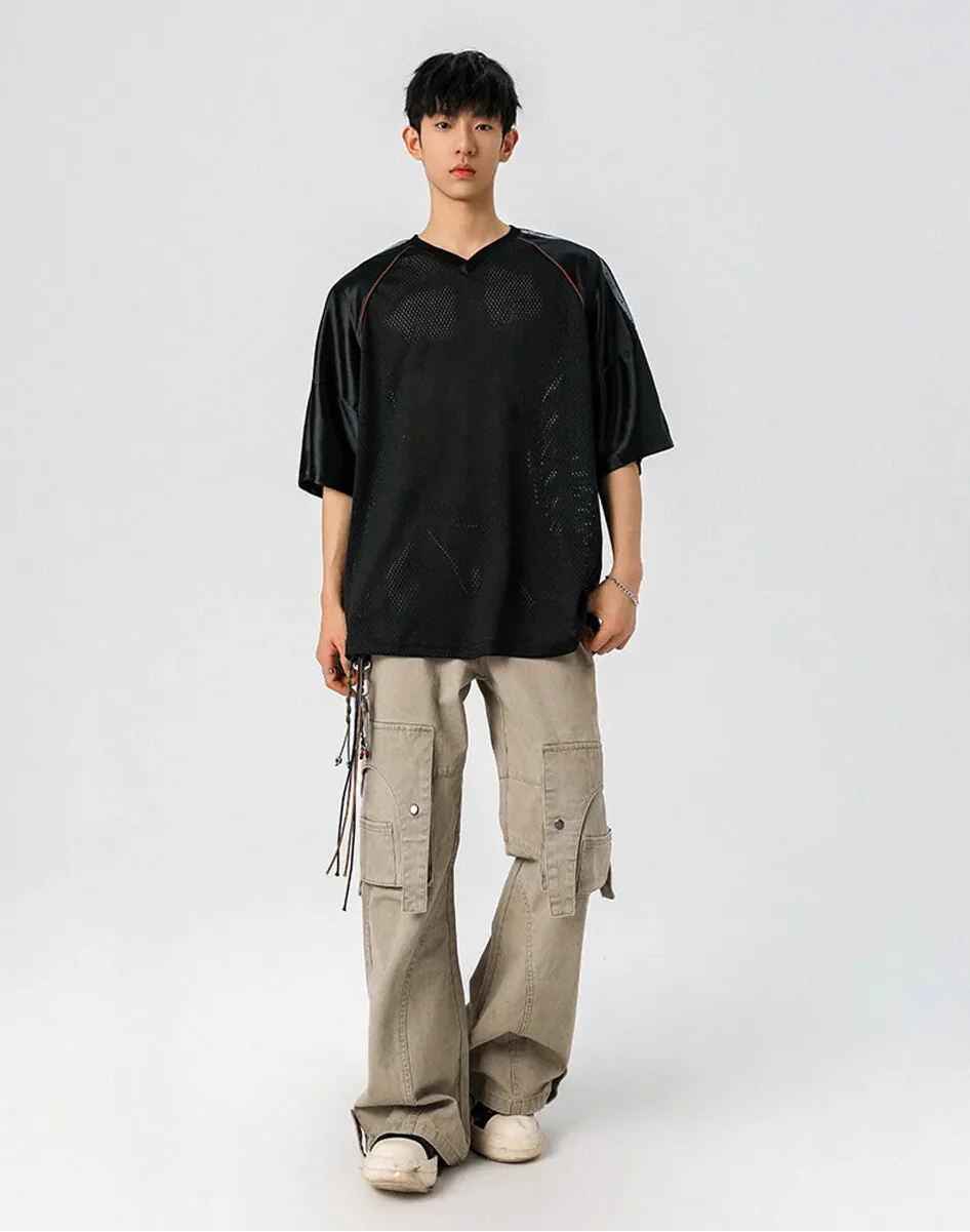 Camiseta informal japonesa de malla transpirable con cuello en V