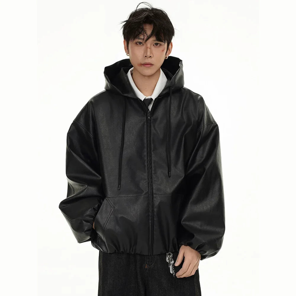 Classic Vintage Bomber Hooded PU Leather Jacket