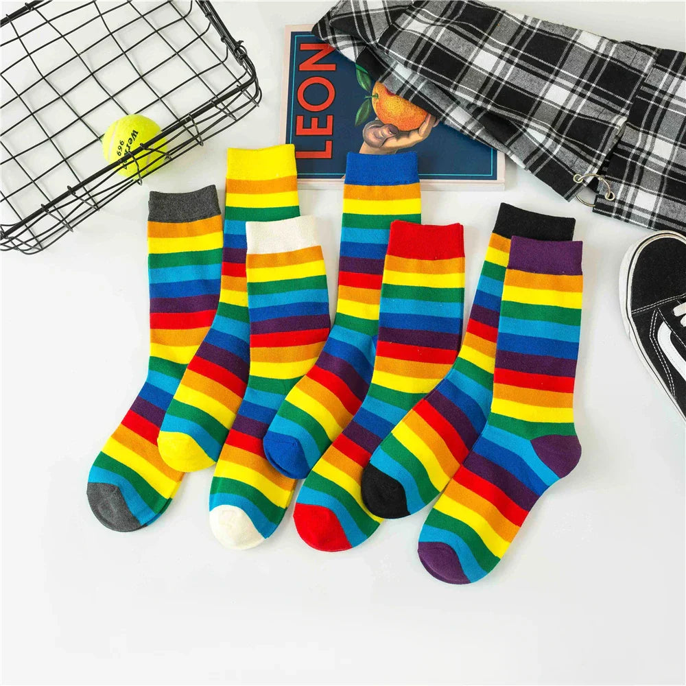 Colorful Striped Calf Socks Cotton Elasticity