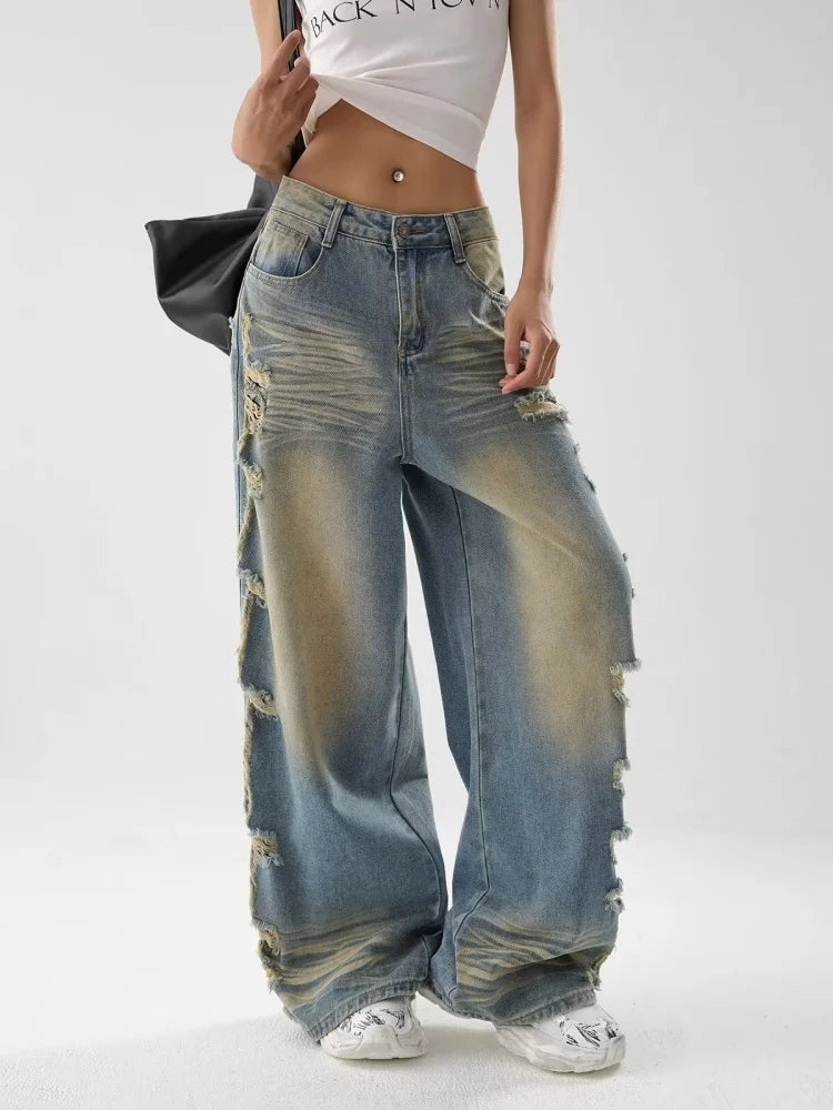 Vintage Distressed Blue Stacked Wide Jeans