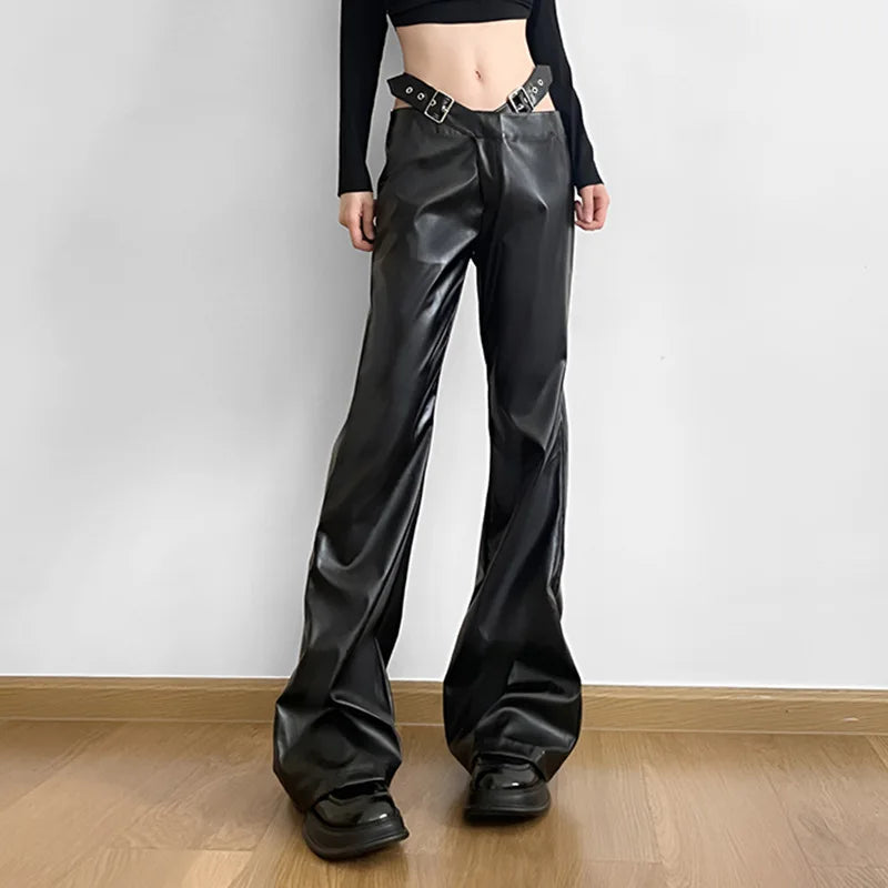 Gothic High Waist Metal Belt Leather Pants