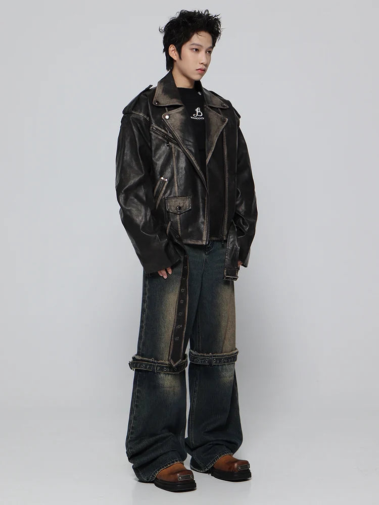 Streetwear Retro Distressed Black Leather Jacket
