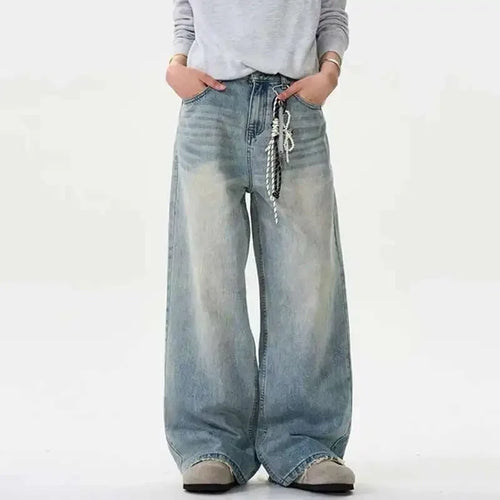 Jeans anchos y sueltos desgastados de color sólido - Azul / XXL