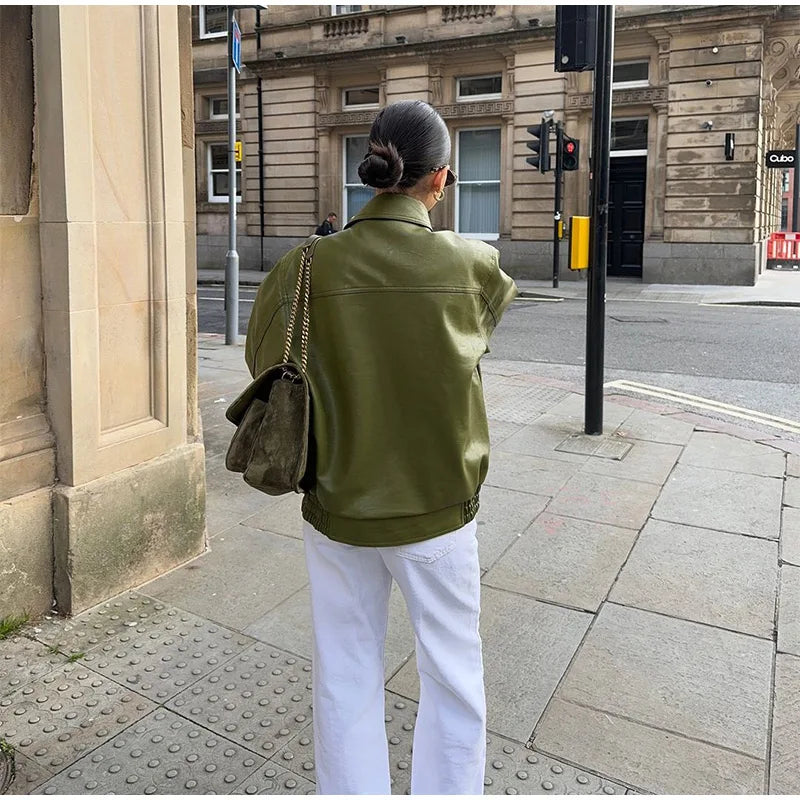 Veste en cuir PU verte décontractée chic à col à revers pour femme