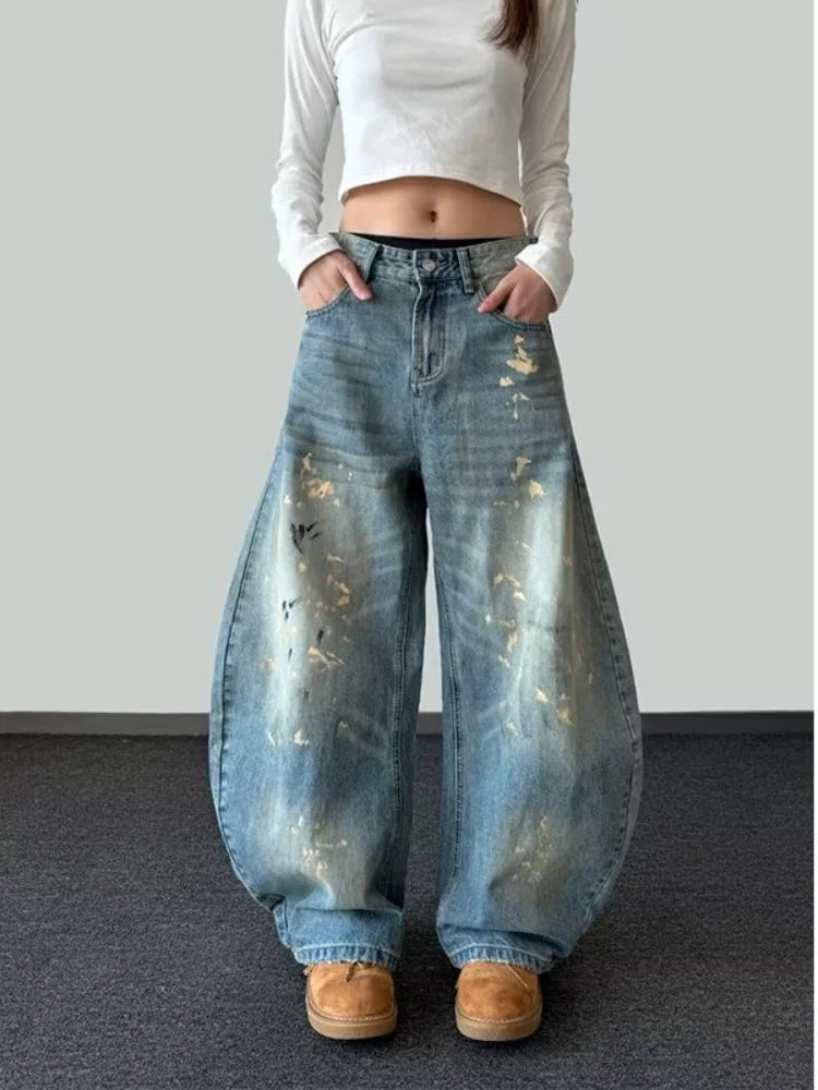 Women Vintage Blue Ink Paint Wide Jeans