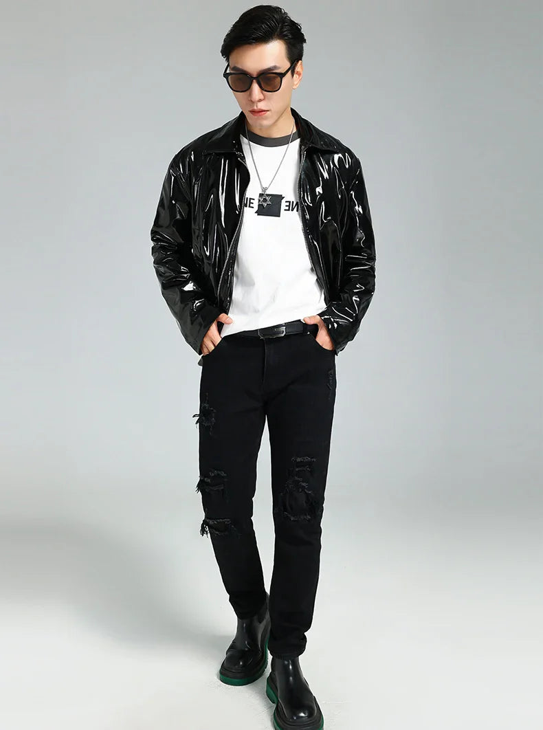 Black Shiny Reflective Patent PU Leather Jacket