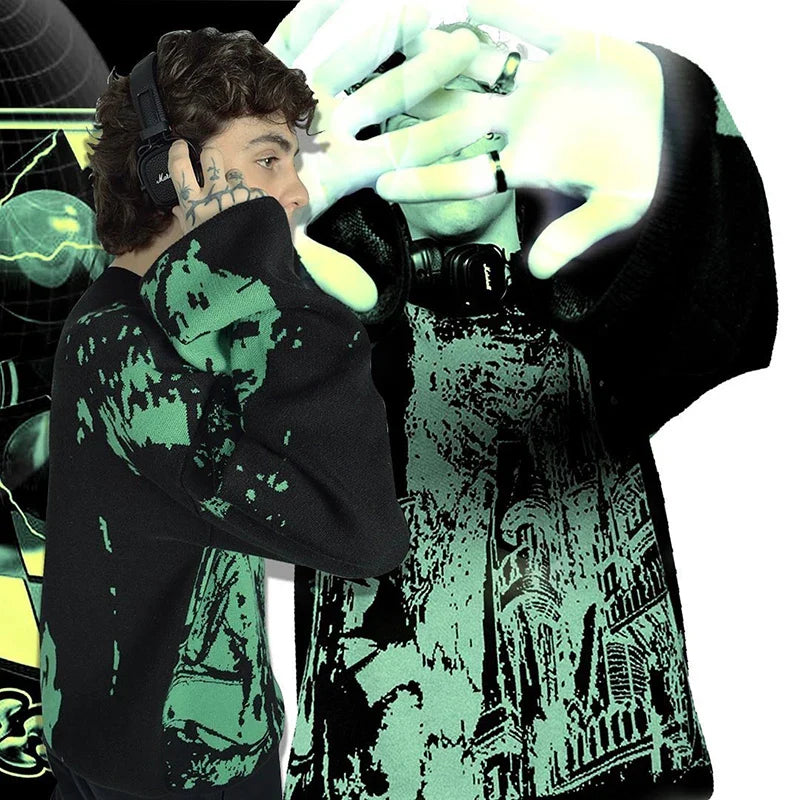 Vintage Green Gothic Style Oversized Knitwear Sweater