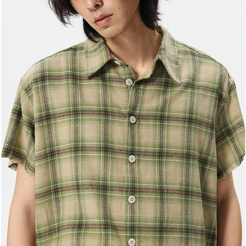 Green Plaid Vintage Lapel Short Sleeve Shirt