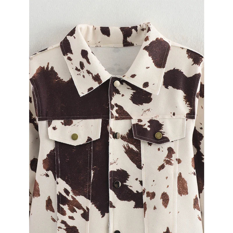 Vintage Printted Cow Long Sleeve Button Jacket