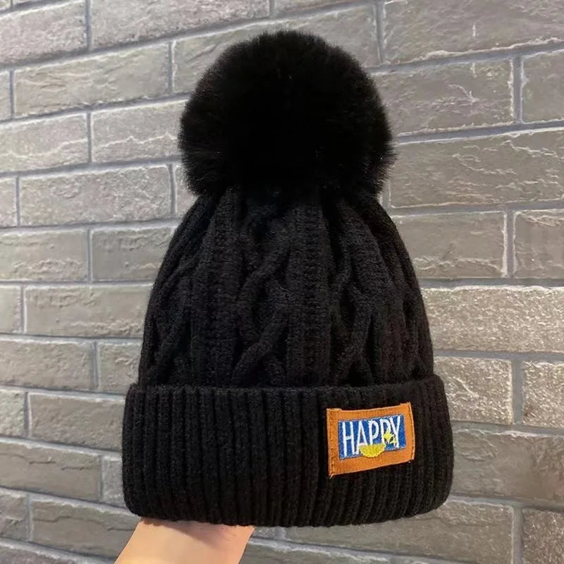 Winter Thick Fur Ball Knitted Beanie