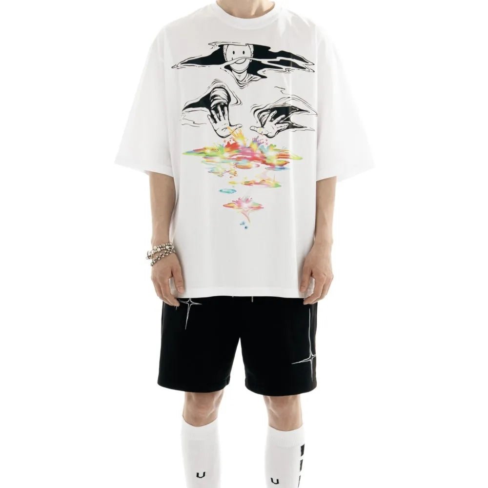 Pantaloncini oversize con stampa grafica lirica