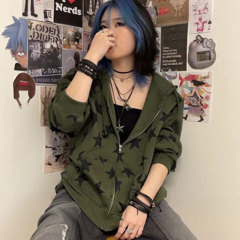 Gothic Stars Print Zip Up Sweatshirt