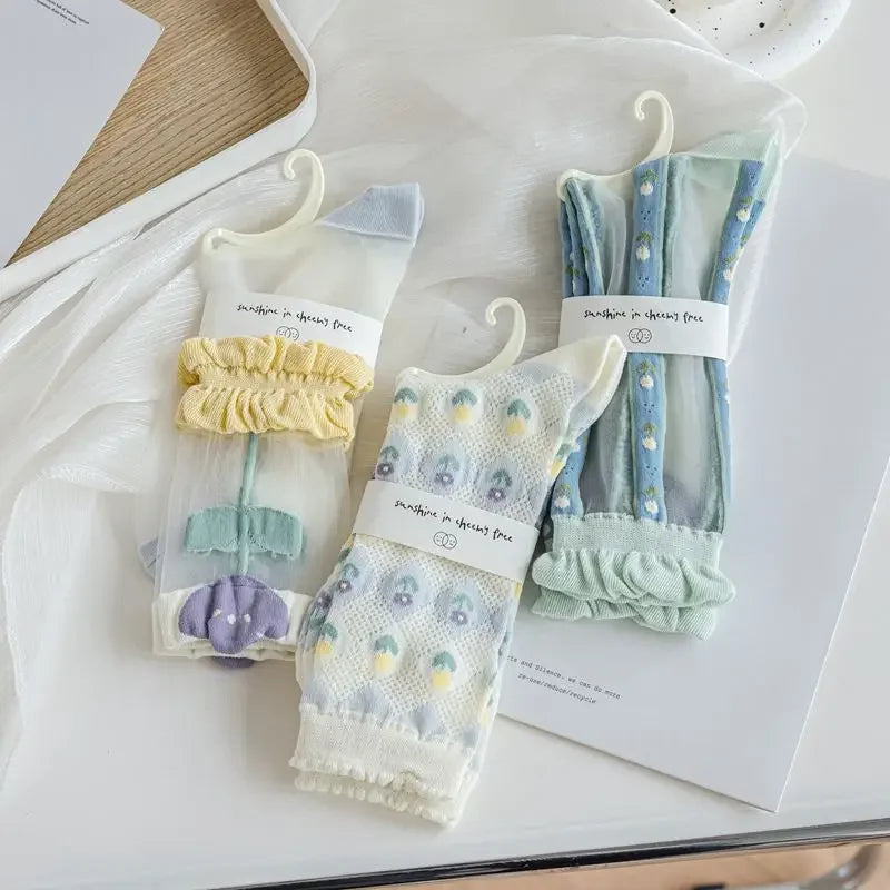 Retro Transparent Crystal Silk Crew School Socks