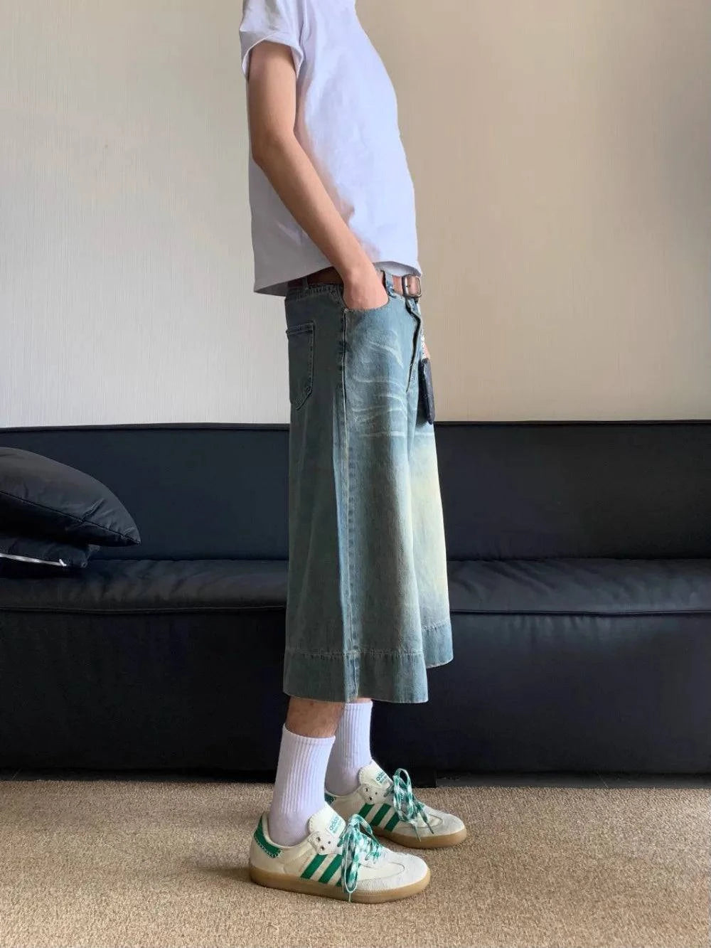 Pantalones cortos de pierna ancha en azul lavado