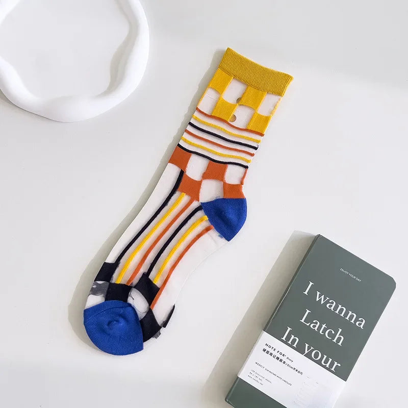 Colorful Plaid Crystal Silk Summer Socks