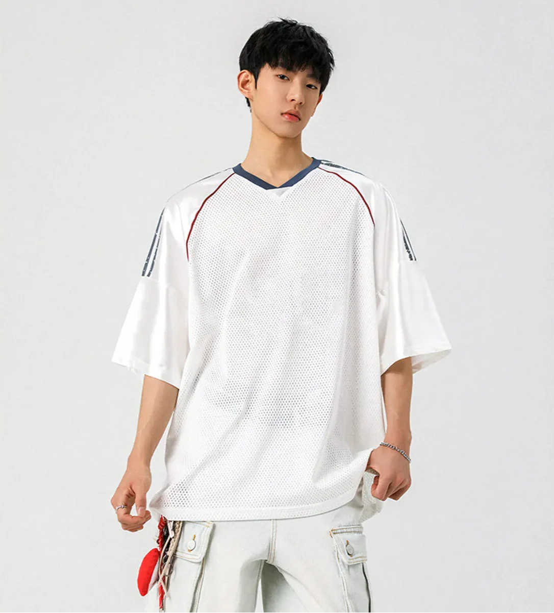 Camiseta informal japonesa de malla transpirable con cuello en V