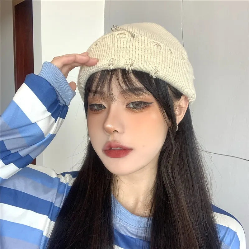 Y2K Knitted Ripped Pierced Beanie