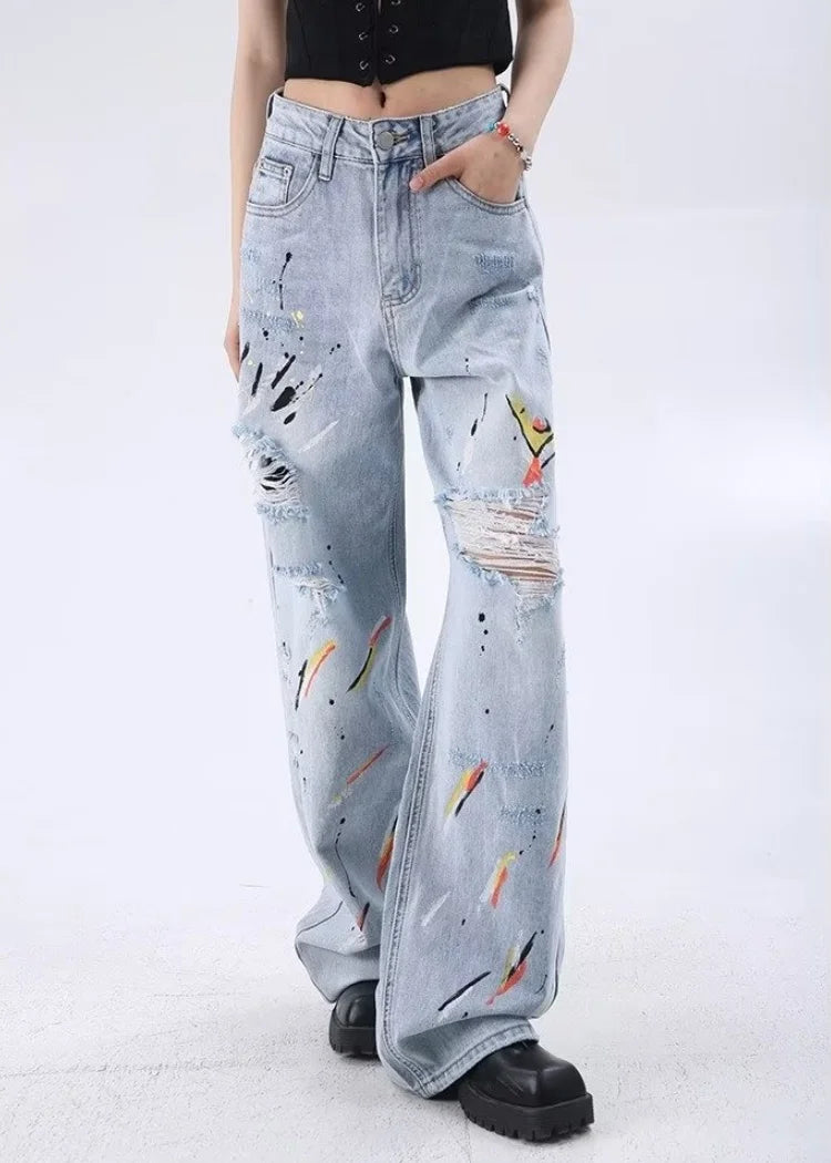 Vintage Washed Blue Graffiti Baggy Jeans
