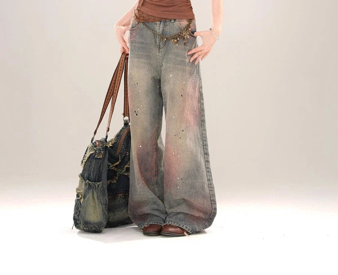 Jean large dégradé vintage pour femme