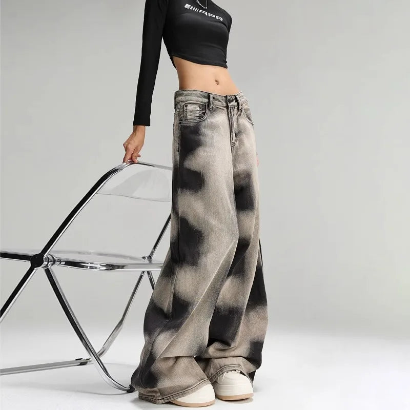 Women Vintage Grey Tie Dye Baggy Jeans