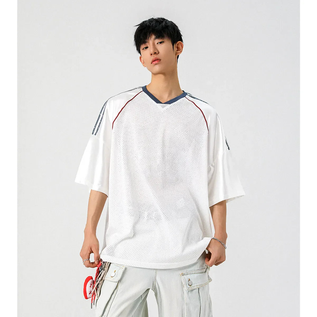 Camiseta informal japonesa de malla transpirable con cuello en V