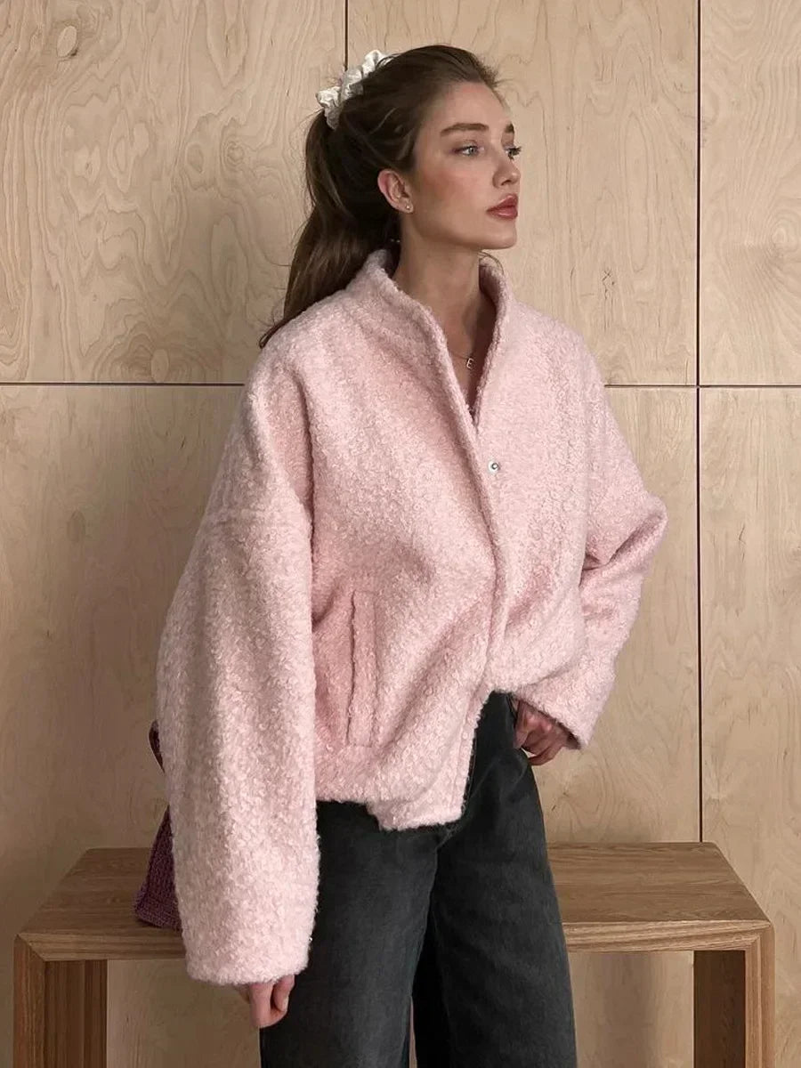Women Pink Stylish Chic Fur Cardigan