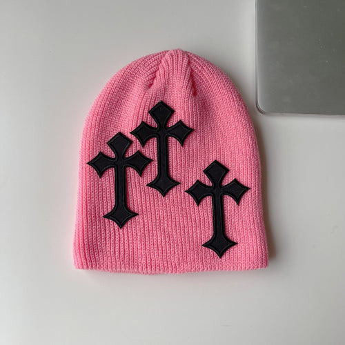 Gorro de Tricô com Cruz - Rosa / 56-58cm