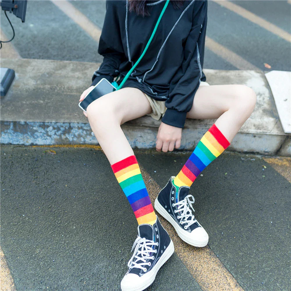 Colorful Striped Calf Socks Cotton Elasticity