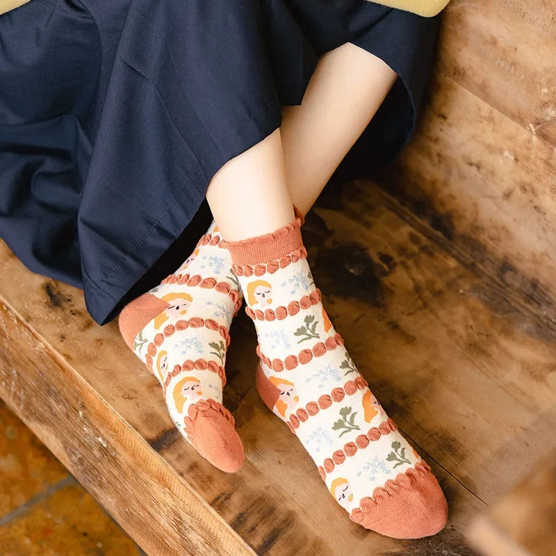 Sweet Kawaii Cartoon Print Floral Socks